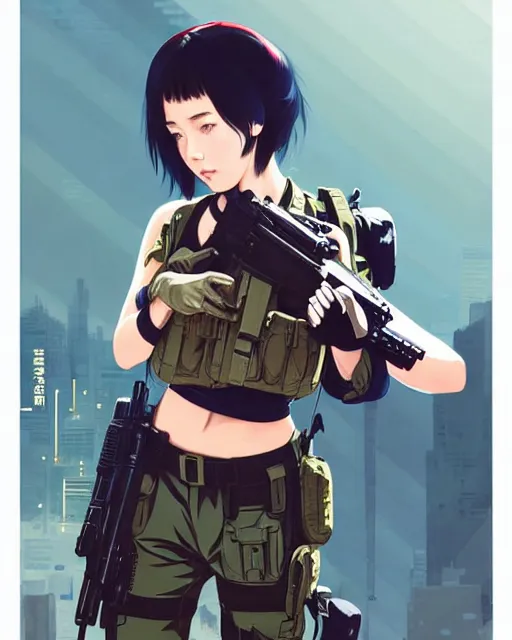 Image similar to girl wearing tactical gear | | very very anime!!!, fine - face, audrey plaza, realistic shaded perfect face, fine details. anime. realistic shaded lighting poster by ilya kuvshinov katsuhiro otomo ghost - in - the - shell, magali villeneuve, artgerm, jeremy lipkin and michael garmash and rob rey