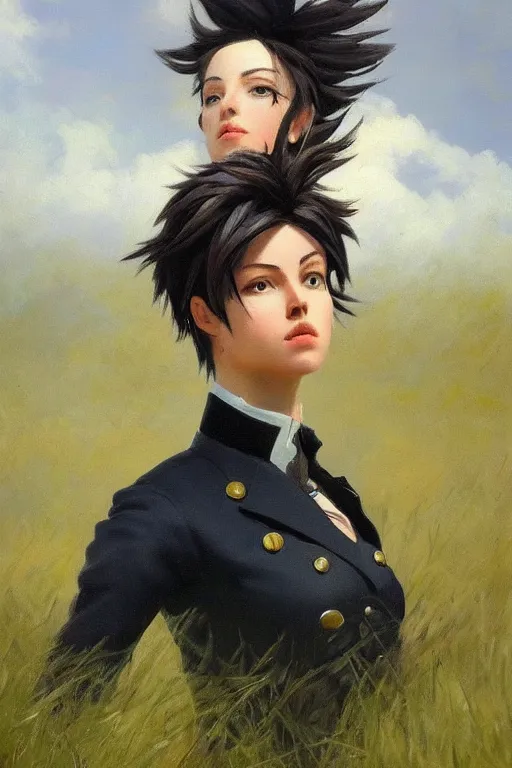 Prompt: oil painting of tracer overwatch in a field of grass wearing black uniform, in style of ivan aivazovsky, detailed face, detailed eyes, full body, feminine face,