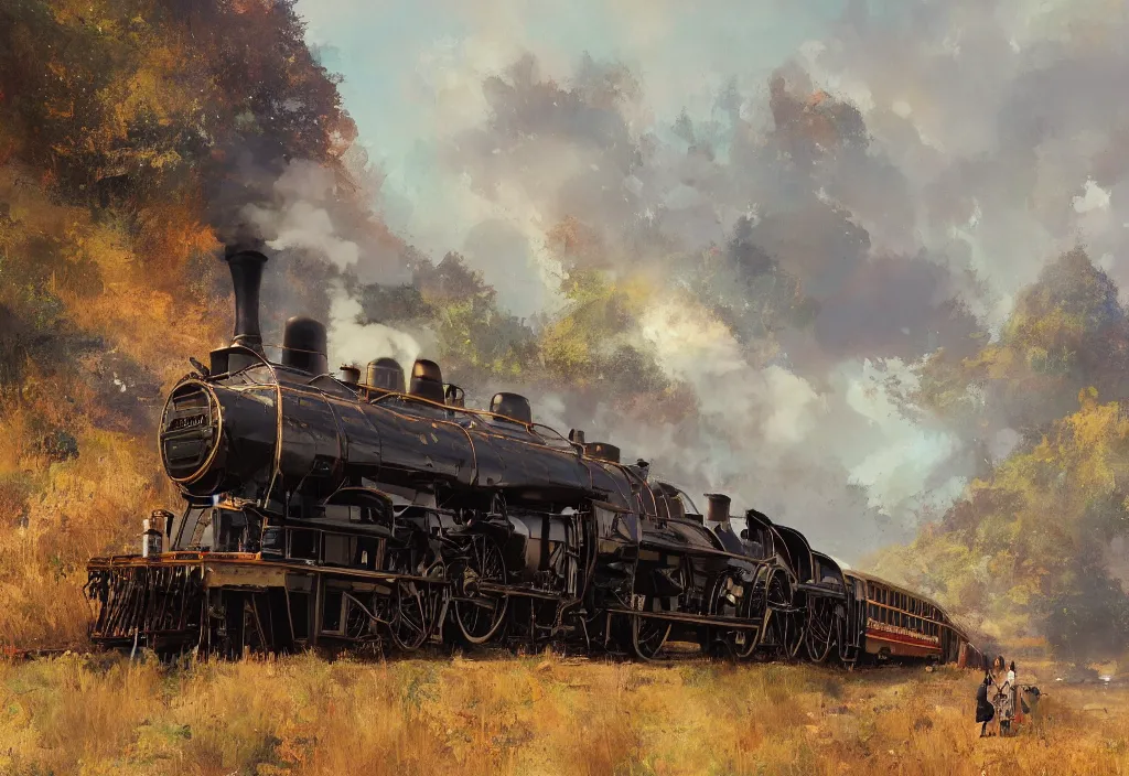 Image similar to a 1 9 th century steam train in a stunning landscape by ismail inceoglu, oil on canvas big brushstrokes, line art, winning - award masterpiece, fantastic, octane render, 8 k hd resolution, high quality image