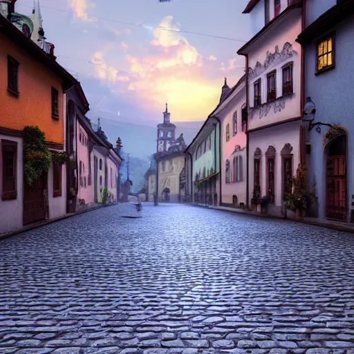 Image similar to a beautiful hyper realistic photo of banska stiavnica in summer, cobblestone pavement, with old houses and few trees in sunset, sky, v - ray, octane render, unreal engine, by greg rutkowski and james gurney, artstation