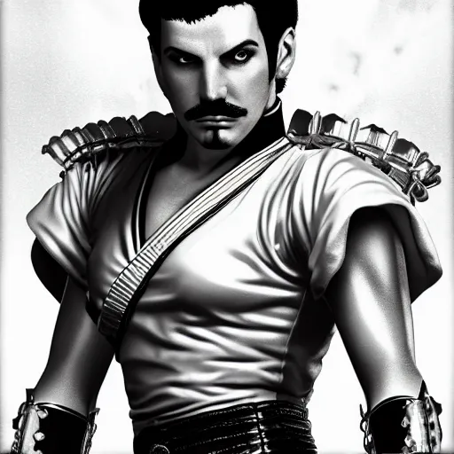 Image similar to freddy mercury as ken street fighter, portrait, ultra realistic, concept art, intricate details, highly detailed, photorealistic, octane render, 8 k, unreal engine, art by frank frazetta, simon bisley, brom