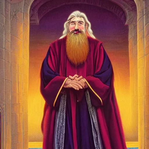 Prompt: A wizard with blonde hair and a beard wearing fancy robes, illustration by Greg and Tim Hildebrandt