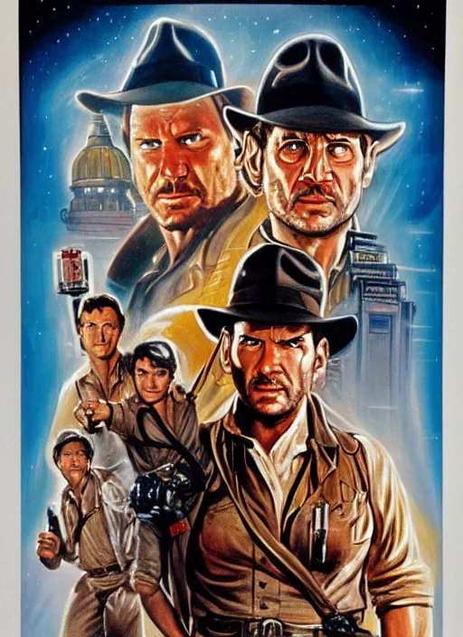 Prompt: science fiction 1 9 8 6 poster for indiana jones and the ghostbusters. oil on canvas. print.