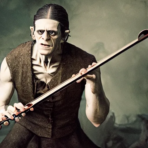 Image similar to UHD candid photo of Frankenstein playing violin, with accurate face, UHD, photorealistic, correct face, real strativarius, photo by Annie Leibowitz