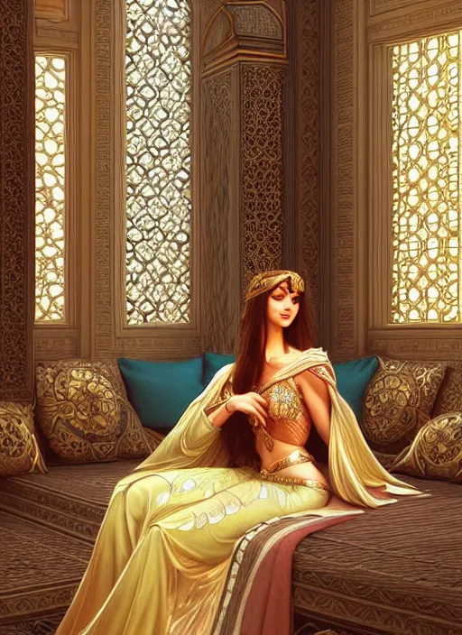 Image similar to an arabian princess relaxing in her palace, raining outside, shiny, fantasy, intricate, elegant, hyper detailed, ultra definition, photoreal, artstation, unreal engine rendered, concept art, smooth, sharp focus, illustration, art by artgerm and greg rutkowski and alphonse mucha and garis edelweiss