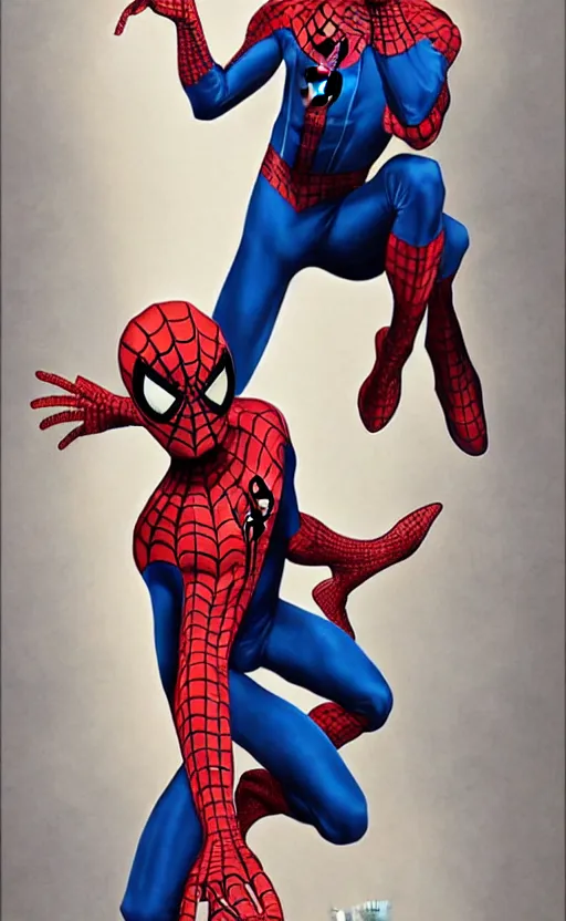 Prompt: Timothee Chalamet wearing redesigned spiderman suit, +++ super super super dynamic posing, j.c. leyendecker, Valentina Remenar, thick eyebrows, super serious facial expression, upscaled
