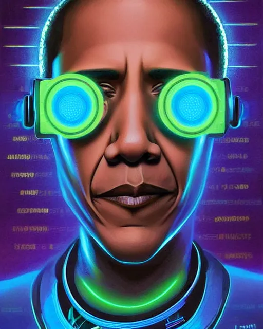 Prompt: obama as future coder man looking on, sleek cyclops display over eyes and sleek bright headphoneset, neon accent lights, holographic colors, desaturated headshot portrait digital painting by dean cornwall, rhads, john berkey, tom whalen, alex grey, alphonse mucha, donoto giancola, astronaut cyberpunk electric