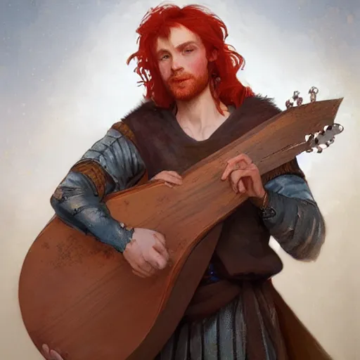 Image similar to portrait of a redhead young human male bard in a medieval tabern, playing the lute joyful, fantasy, highly detailed, digital painting, artstation, concept art, character art, art by greg rutkowski and tyler jacobson and alphonse mucha