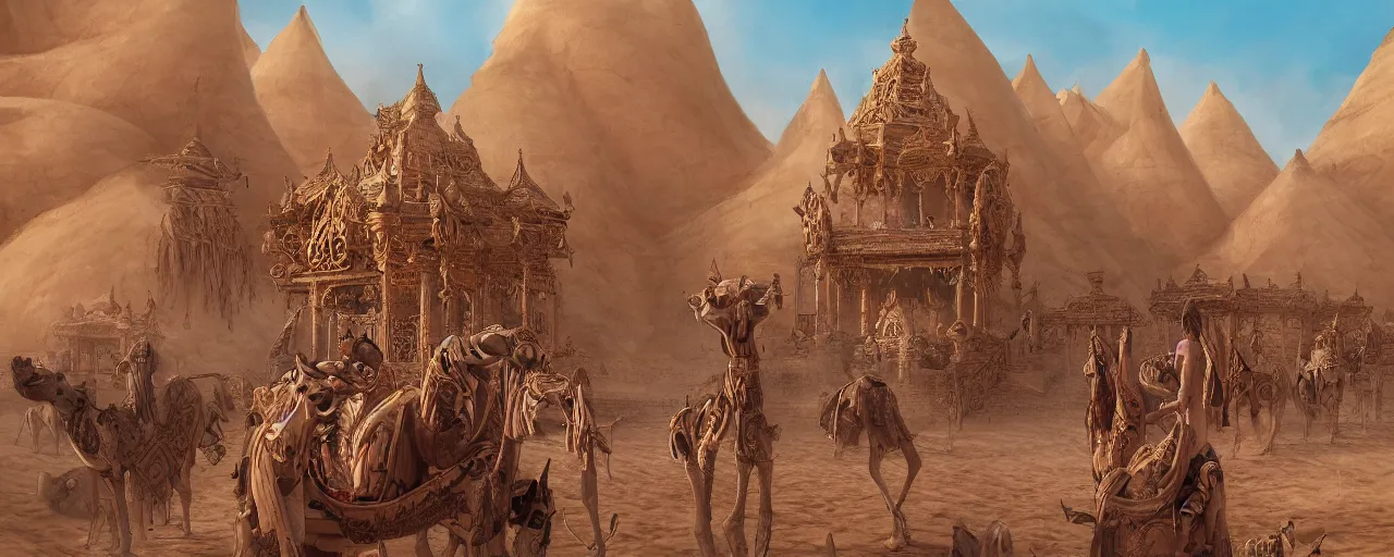 Prompt: painting of shrine ritual being performed by priestesses of the ancient camel temple, sandstorm, sand dunes, camel god, barren sands, forgotten, by ArtGerm and Justin Cheung and Stephané Roux and Makoto Shinkai, insanely detailed and intricate, ornate, elegant, award winning, vermillion and cyan, maximalist, trending on Artstation, matte painting, interior scene, camel statue, ritual circle, temple rites, golden ratio, matte painting