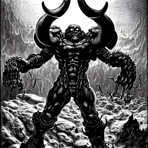 prompthunt: doom!! ( 1 9 9 4 ) classic cyberdemon!!! horns, volcan  cannon!!!, art by gustave dore, anotation, blueprint