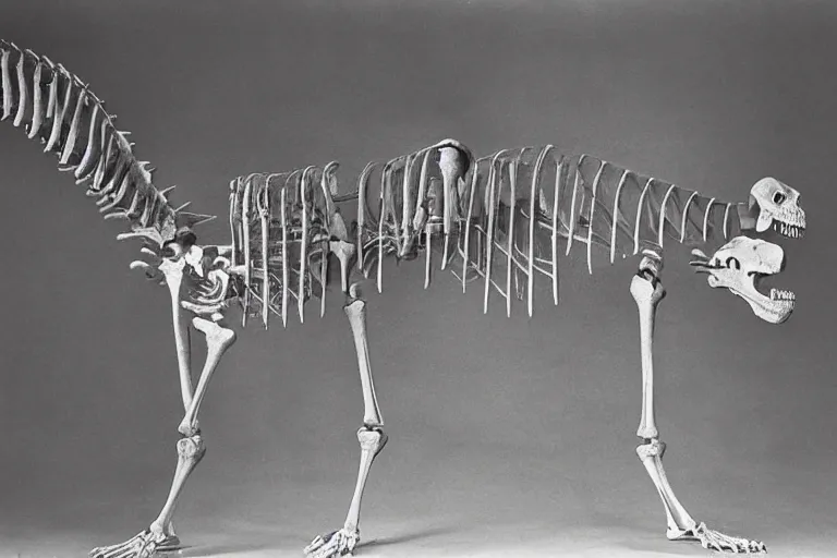 Prompt: skeleton of a dinosaur with two heads. museum photograph.