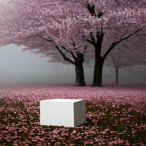 Image similar to a photograph of a white concrete cube sitting center frame in the middle of a cherry blossom forest, foggy, liminal