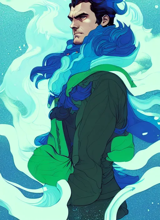 Prompt: style artgerm, joshua middleton, illustration, henry cavill as a homeless street urchin wearing green pelt clothing, blue hair, swirling water cosmos, fantasy, dnd, cinematic lighting