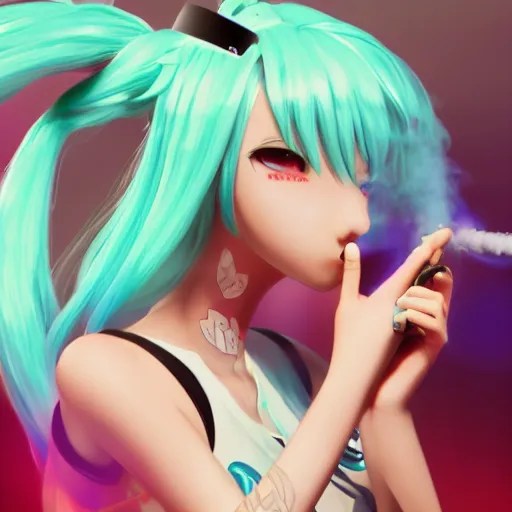 Image similar to hatsune miku smoking weed with a vape pen, smoke coming out of her mouth, bloodshot eyes, artstation, 4 k