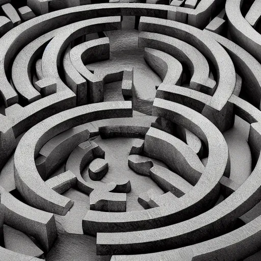 Prompt: the ancient endless maze, labyrinth, stone and metal, twisting, complex, digital art, octane render, 4 k,