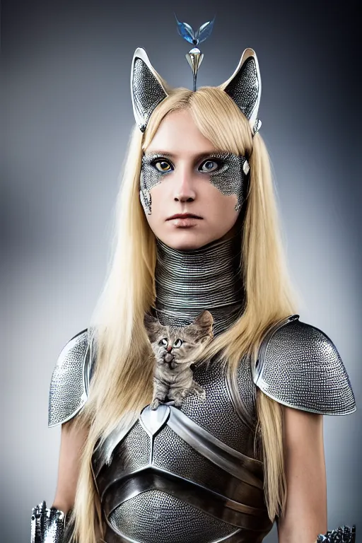 Image similar to female knight wearing a real cat on her head, armor designed by wayne barlowe, swarovski and tiffany, blonde hair, symmetry, sci - fi, cinematic, elegant, luxury, perfect light, perfect composition, dlsr photography, sharp focus, dark fantasy, 4 k, ultra hd, sense of awe, highly detailed, realistic, intricate