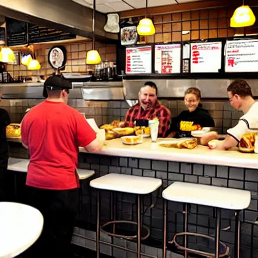 Prompt: busy wafflehouse interior with customers eating breakfast and wafflehouse employees serving food and cooking behind countertop bar that has customers sitting at