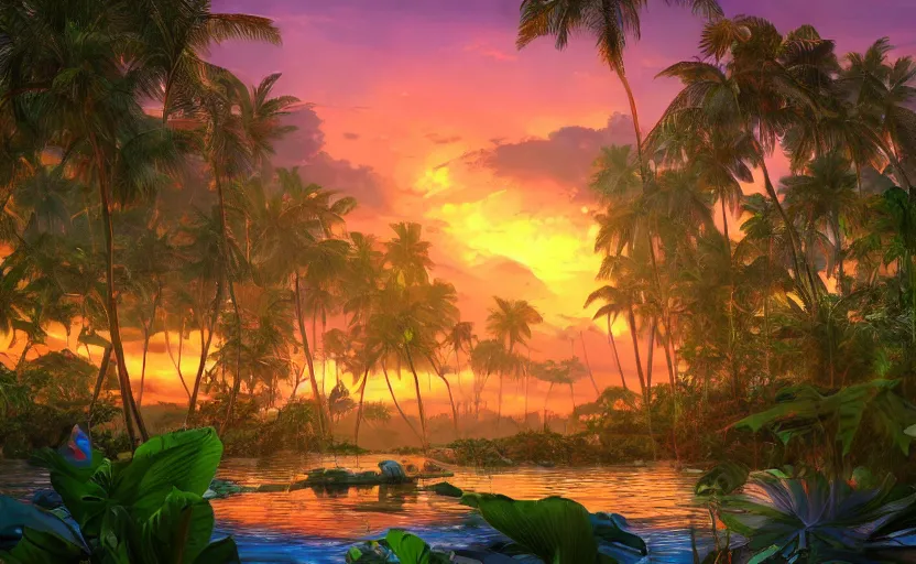 Image similar to a tropical resort in a jungle paradise, with a beautiful red and blue sunset, dynamic lighting, photorealistic fantasy concept art, trending on art station, stunning visuals, creative, cinematic, ultra detailed, ray tracing, sun rays, native tribes, wonderous waters, amazing detail