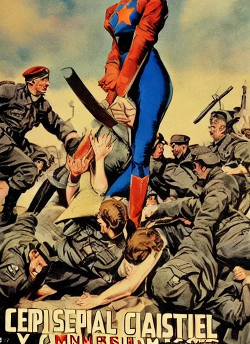 Prompt: beautiful jewish female captain america standing on a pile of defeated german soldiers. feminist captain america wins wwii. american wwii propaganda poster by james gurney