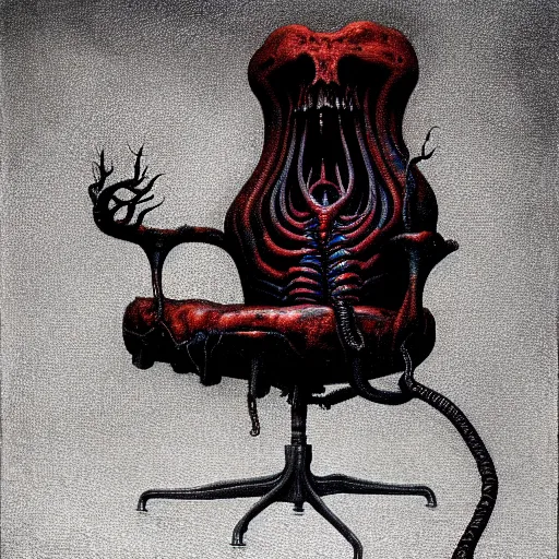 Prompt: horrifying eldritch gaming chair, painting by zdzisław beksinski, product photograph, 4 k, dark atmosphere, horror, veins, oozing