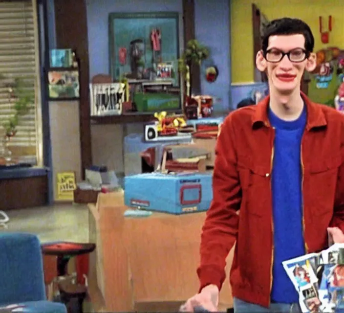 Image similar to a screenshot of neil cicierega introducing himself to the viewers in icarly ( 2 0 0 9 ), vhs quality, low quality