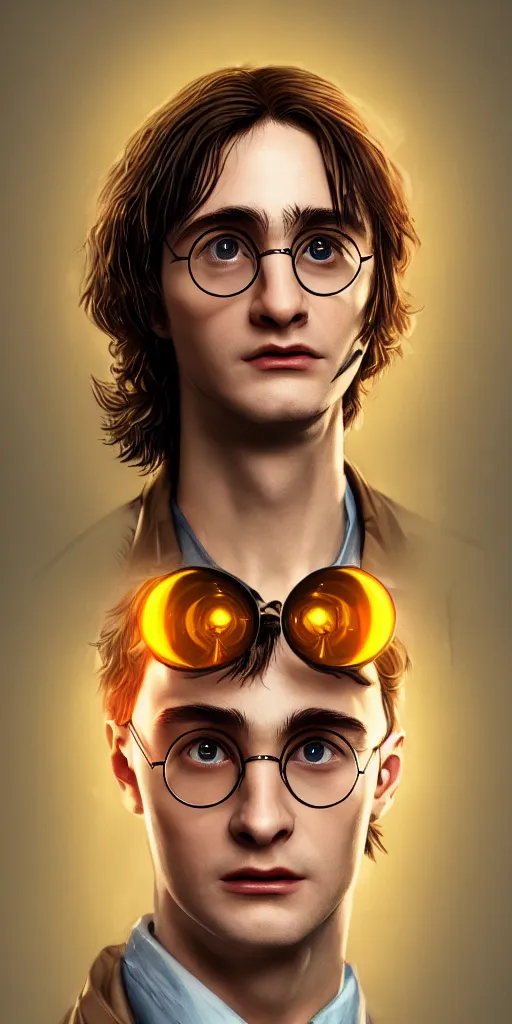 Image similar to Portrait of a harry potter with cyberpunk implant, elegant, photorealistic, highly detailed, artstation, smooth, sharp focus, gold ornaments, neon lighting, sci-fi, art by Klimt