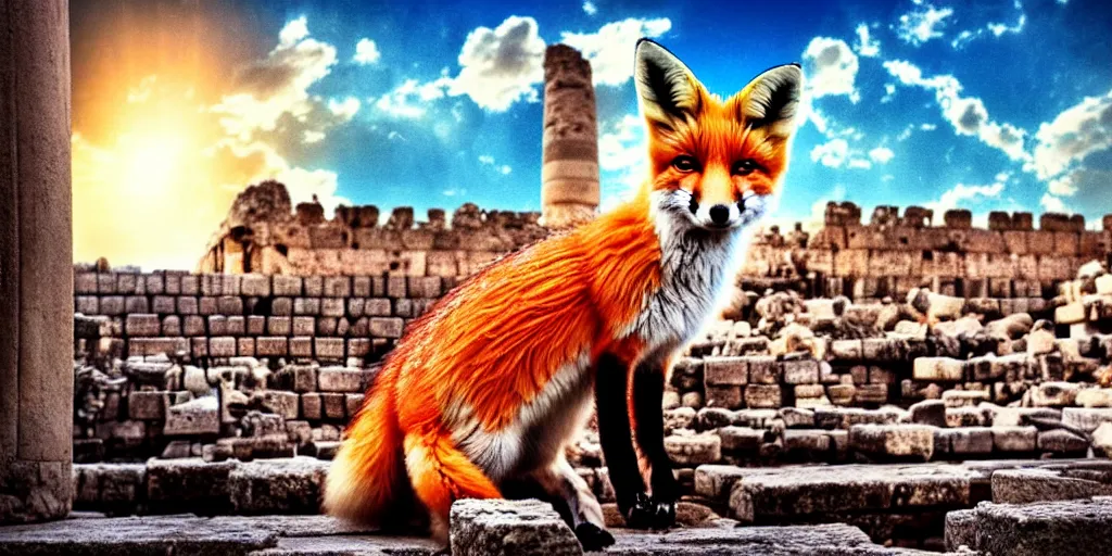 Prompt: A beautiful small fox in the huge ruins of the second temple in Jerusalem :: Dreamy sky :: The third temple hovers quietly in the sky above :: Very colorful painting 8k trending on art station :: Intricate details, very realistic, cinematic lighting, volumetric lighting, photographic blur bokeh defocus dof sky