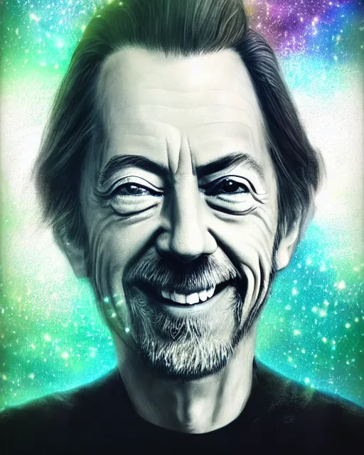 Prompt: alan watts grinning meditating in galaxy universe realistic dramatic lighting stylized soft airbrush painting highly detailed, 3d render senior artist, photorealistic, textured, featured on artstation