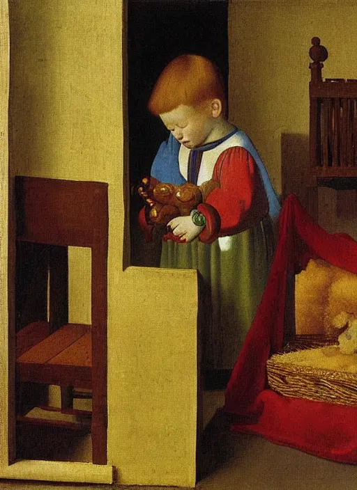 Image similar to cozy children room with toys, there was a crib with very high barred sides against the wall. The boy was holding a toy in his hands, apparently fiddling with it, medieval painting by Jan van Eyck, Johannes Vermeer