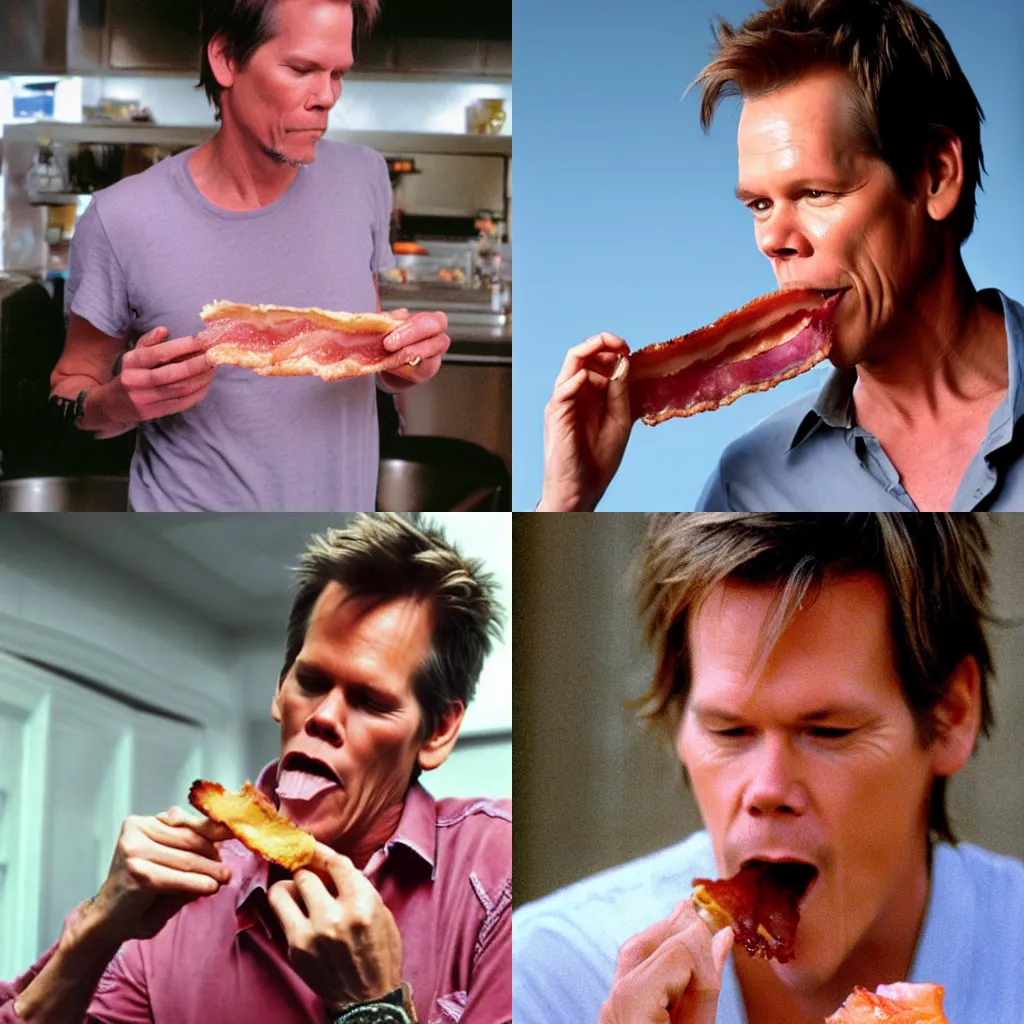 Prompt: Kevin bacon eating a piece of Bacon