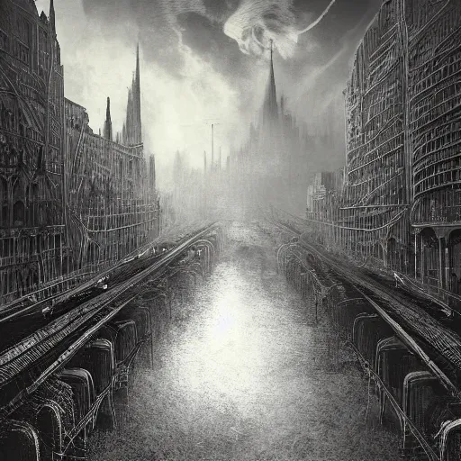 Image similar to dieselpunk city pollution river fog hanging wires cathedral in the style of gustave dore photograph color dreamlike hatching high detailed perspective wide angle