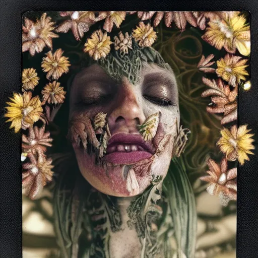 Image similar to a beautiful detailed front view portrait of a rotten woman corpse with fractal plants and fractal flowers growing around, volumetric light, beautiful lit, polaroid photography