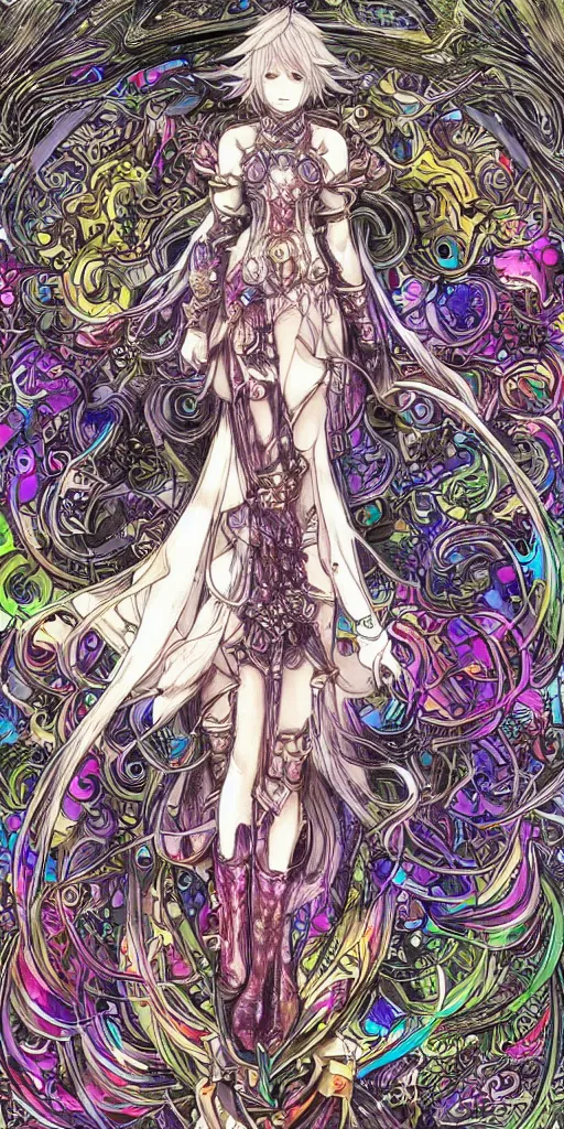 Prompt: a mage from final fantasy 14 drawn by Yoshitaka Amano, intricate, amazing line work, cosmic, psychedelic, cheerful, colorful