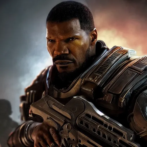 Prompt: Jamie Foxx as Django in 'Gears of War', splash art, movie still, cinematic lighting, detailed face, dramatic, octane render, long lens, shallow depth of field, bokeh, anamorphic lens flare, 8k, hyper detailed, 35mm film grain