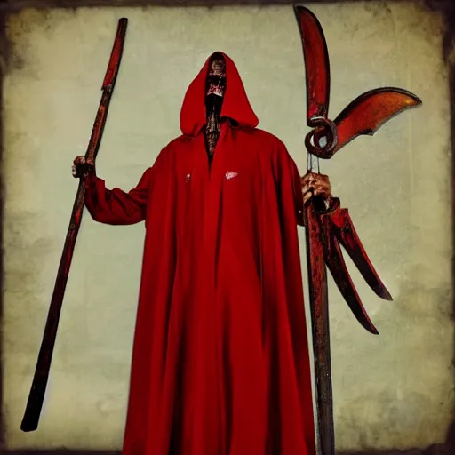 Prompt: an image of a 7 foot tall zombie lord in red robes holding a scythe