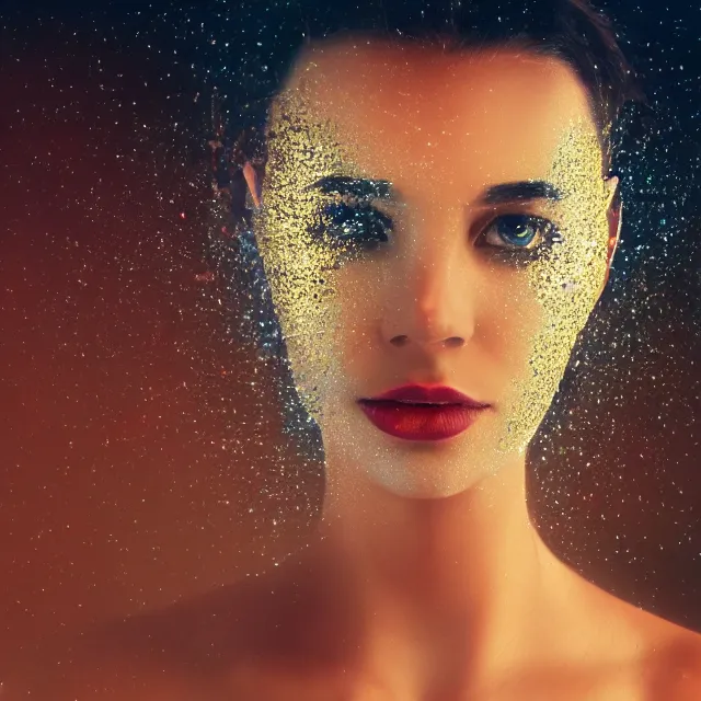 Image similar to portrait of a beautiful futuristic woman layered with high-tech jewelry wrapping around her face and head, golden-silver light with tiny blue, gold, and red gems scattered like dust