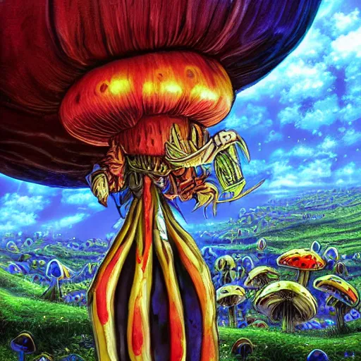 Image similar to anime 4 k headshot portrait of a psychedelic demonic anthropomorphic insect knight with mushroom themed clothes, magic mushroom village in background by jeff easley, award winning, stylized neon, post - processing, masterpiece, superb resolution. in the art style of junji ito and greg rutkowski. detailed mushroom city in background. hyper realistic anime. perfect art. dalle 2