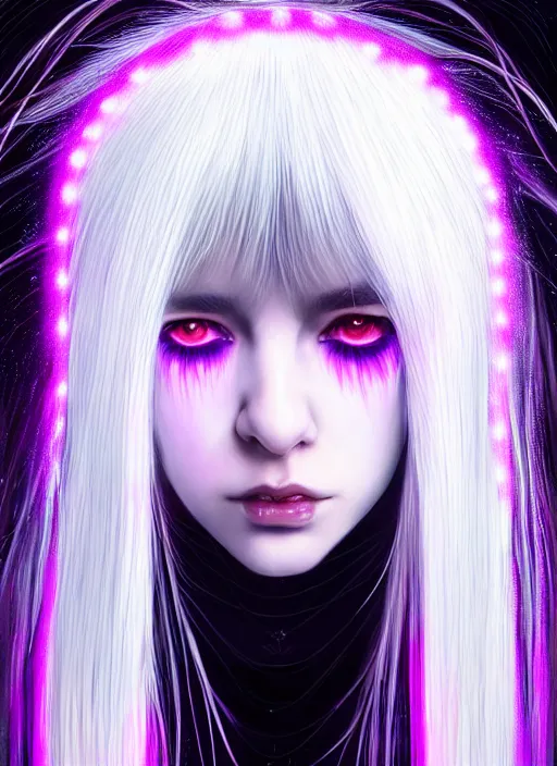 Image similar to hair whitebangs hair, black cyberlox, portrait of teenage girl with white bangs, whitebangsblackhair, messy bangs, cyberlox, whitebangs, red irises, purple clothes, intricate, elegant, glowing lights, highly detailed, digital painting, artstation, concept art, sharp focus, illustration, art by wlop, mars ravelo and greg rutkowski