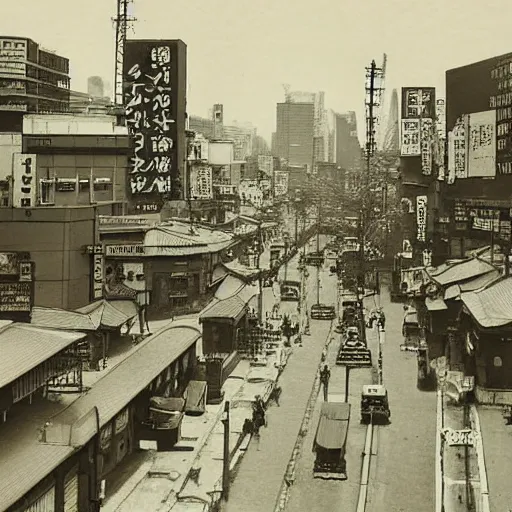 Prompt: 1800s photo of modern Akihabara, sepia, faded