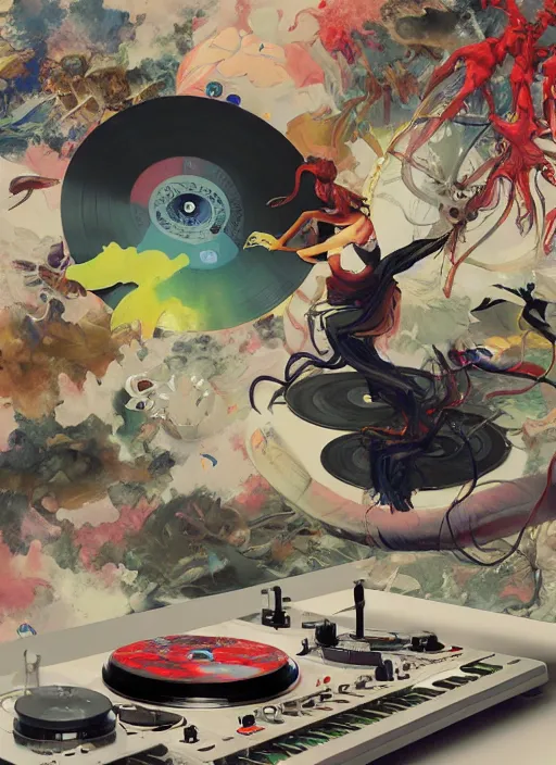 Prompt: surreal gouache painting, by yoshitaka amano, by ruan jia, by Conrad roset, by good smile company, detailed anime 3d render of a Magical flying Vinyl records , DJ Mixer, deck surrounded by Dragonflies, Vinyl records, controller, portrait, cgsociety, artstation, rococo mechanical and Digital and electronic, dieselpunk atmosphere