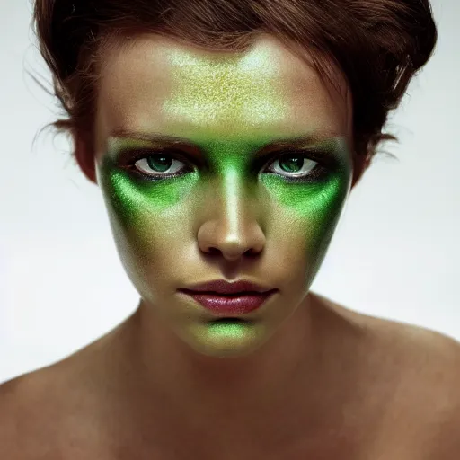 Image similar to photograph of a cute woman with bronze brown hair and vivid green eyes, light makeup, golden hour, 8k, photographed by Erwin olaf