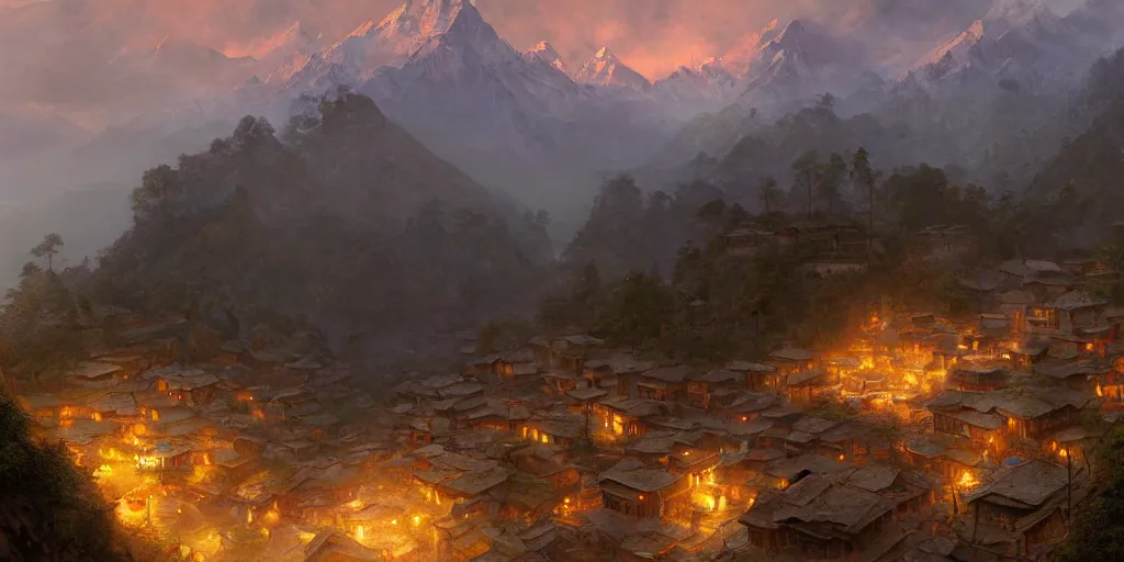 Image similar to nepalese mountain village at dusk, dim volumetric lighting, 8 k octane render, hdr, postprocessing, hyperdetailed, intricate, epic composition, cinematic lighting, masterpiece, trending on artstation, stunning art by anders zorn, extraordinary artwork by greg rutkowski