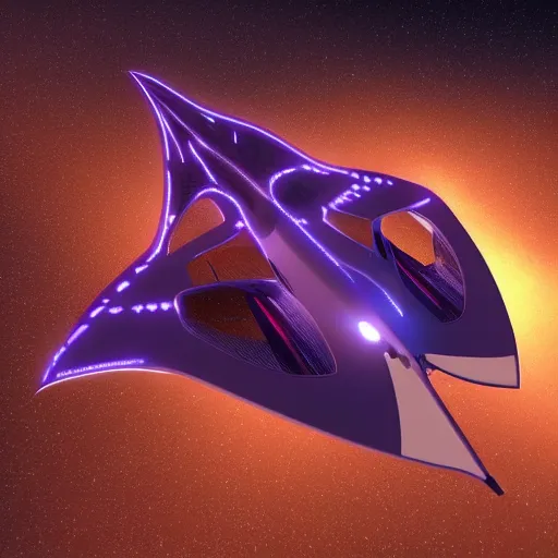 Prompt: a manta ray shaped futuristic spaceship, ultra-detailed, hyper-realistic, 8k, midjourney style