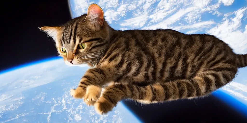 Prompt: an amazing award winning photo of a cat floating in the ISS, hyperdetailed