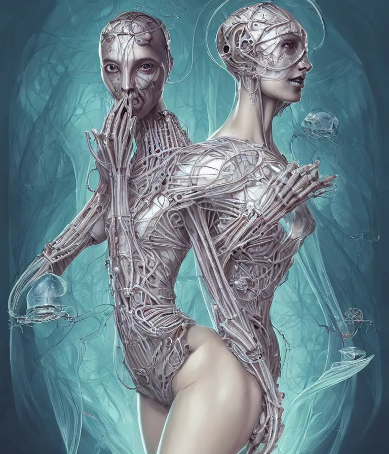 Image similar to fully symmetrical centered portrait of a beautiful princess in robe. artificial muscles, ribcage, bones, hard surface modelling. cyberpunk look. biomechanical mask. bio luminescent biomechanical halo around head. jellyfish. artwork by jarold Sng by artgerm, by Eddie Mendoza, by Peter mohrbacher by tooth wu by alfons mucha, unreal engine, octane render, cinematic light, iridescent details, iridescent colors, dichroic, macro, depth of field, blur