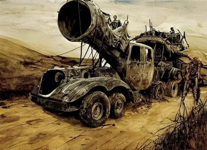 Image similar to mad max fury road, painting by andrew wyeth, very detailed, somber mood,