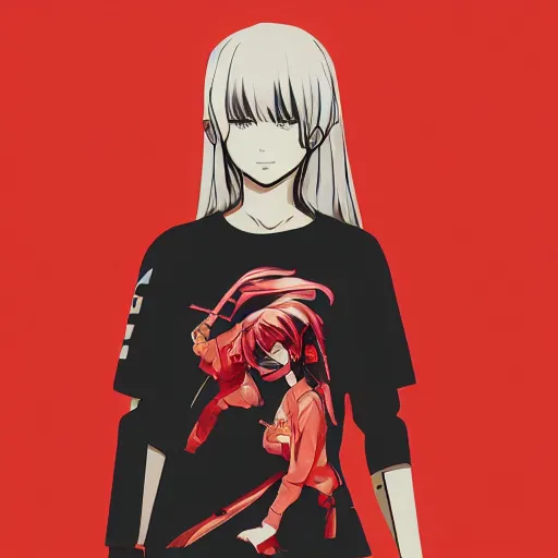 Image similar to shirt art, logo graphic design, frame around picture, manga style, realistic lighting, futuristic solid colors, made by ilya kuvshinov, sold on sukebannyc, from arknights, girl, elegant, round eyes, sport clothing, sneaker shoes, simple red background