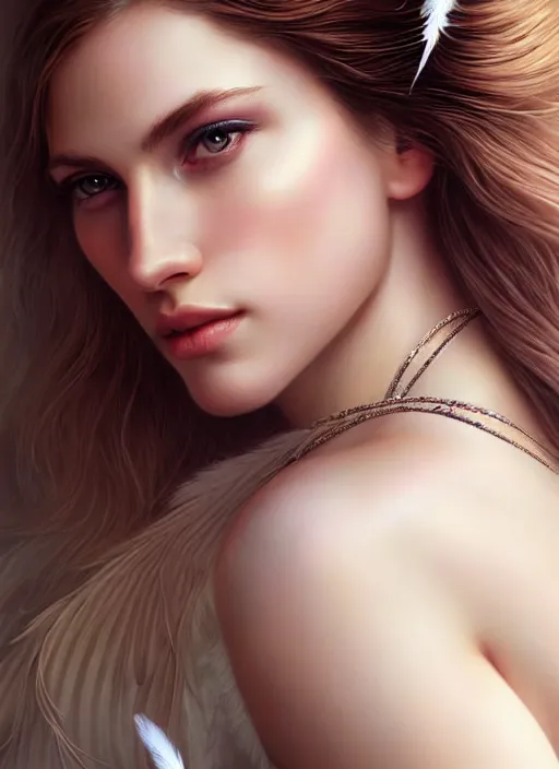 Image similar to a gorgeous female photo, professionally retouched, soft lighting, wearing a feather dress, realistic, smooth face, perfect eyes, wide angle, sharp focus on eyes, 8 k high definition, insanely detailed, intricate, elegant, art by artgerm and greg rutkowski and stefan kostic