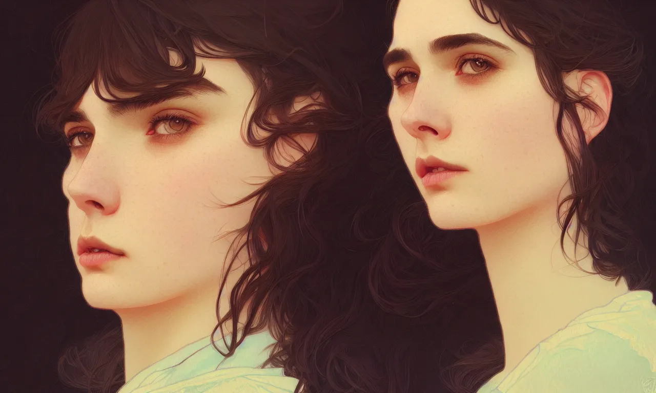 Image similar to Hila Klein closeup filled background around face, teddy fresh, undercut hairstyle, dark light night, intricate, elegant, sharp focus, illustration, highly detailed, digital painting, concept art, matte, art by WLOP and Artgerm and Greg Rutkowski and Alphonse Mucha, masterpiece