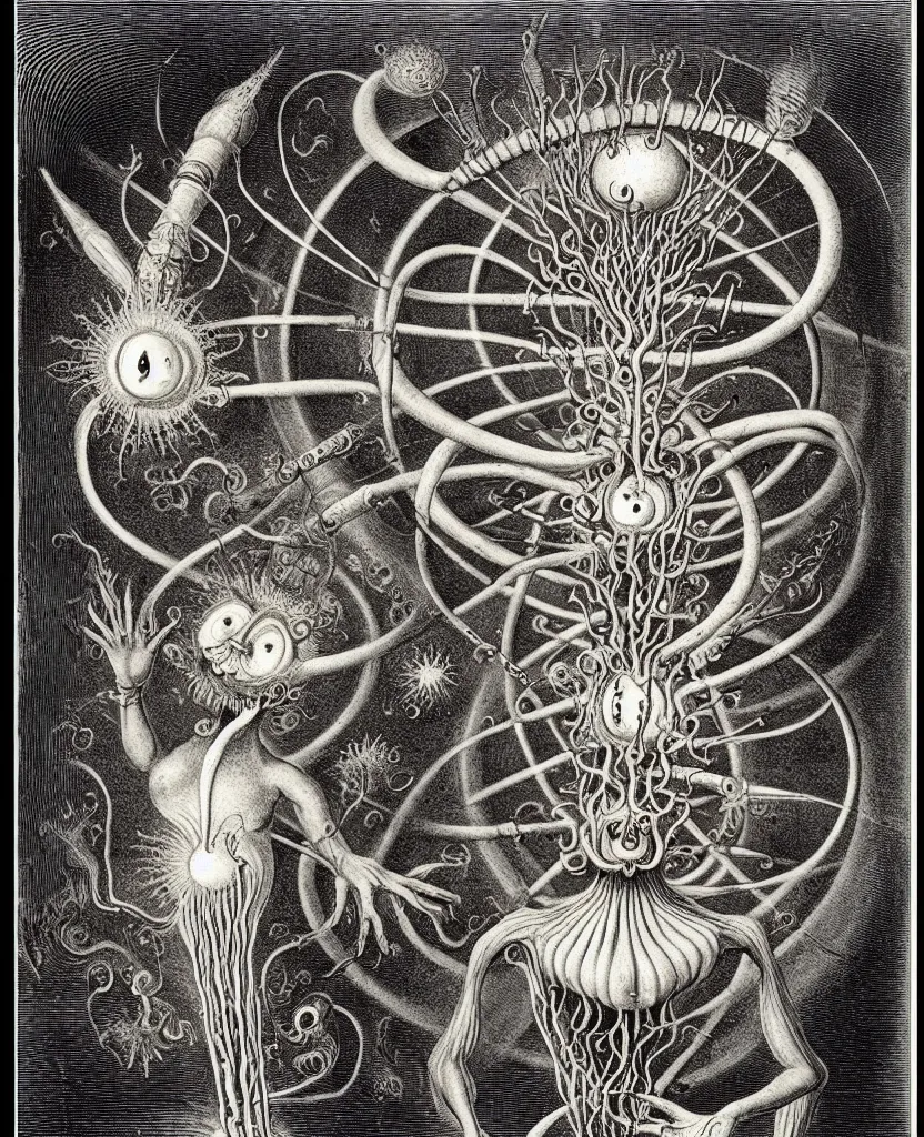 Image similar to whimsical freaky creature sings a unique canto about'as above so below'being ignited by the spirit of haeckel and robert fludd, breakthrough is iminent, glory be to the magic within